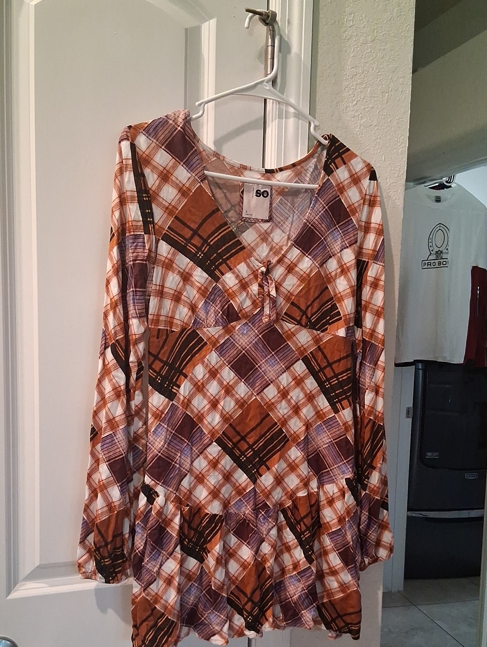 SO Women's Brown Plaid V-Neck Tunic with Front Tie